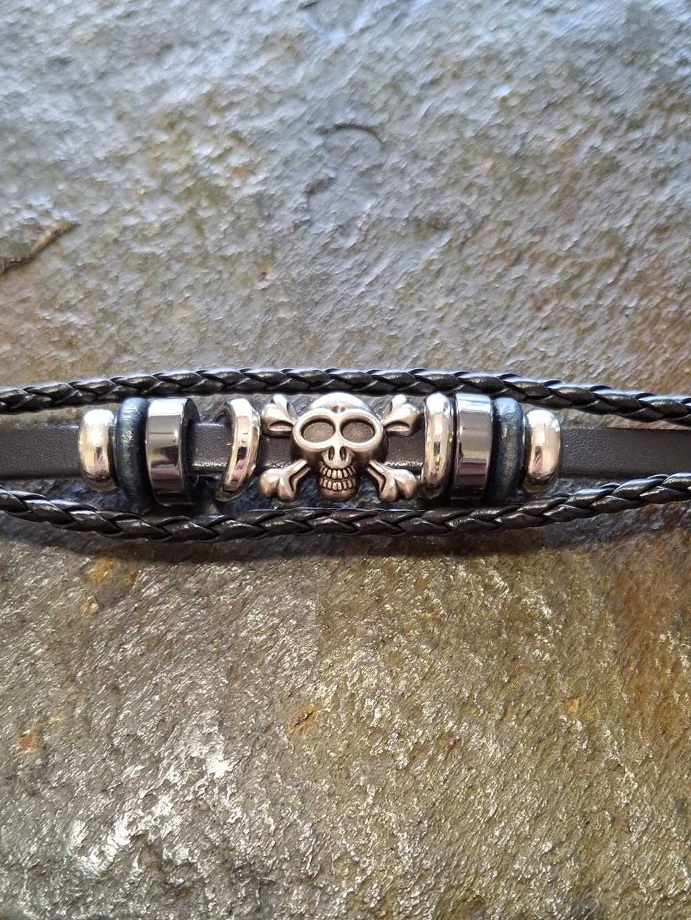 Black Leather Skull Bracelet with Metal Beads